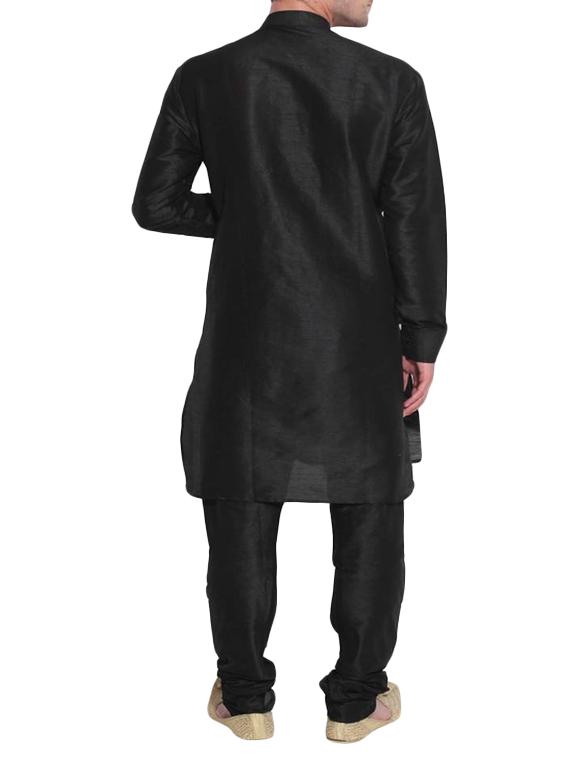 solid black pure silk kurta pyjama set - 11911083 - Zoom Image - 3