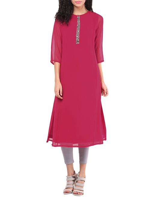 Pink embellished solid georgette kurta - 11915758 - Very Small Image - 1
