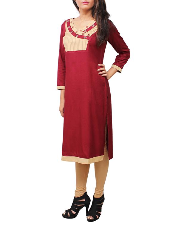 maroon viscose straight kurta - 11915993 - Zoom Image - 2
