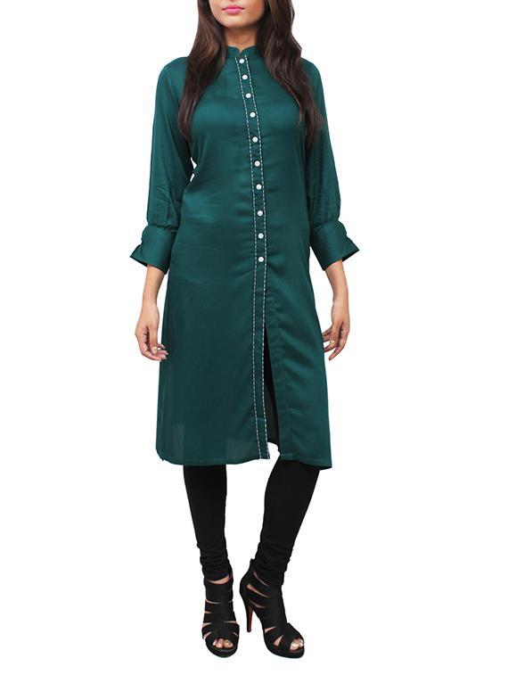 green viscose high slit kurta - 11916009 - Zoom Image - 1