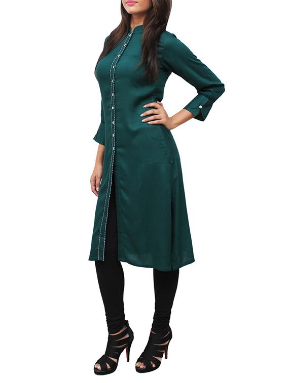 green viscose high slit kurta - 11916009 - Zoom Image - 2