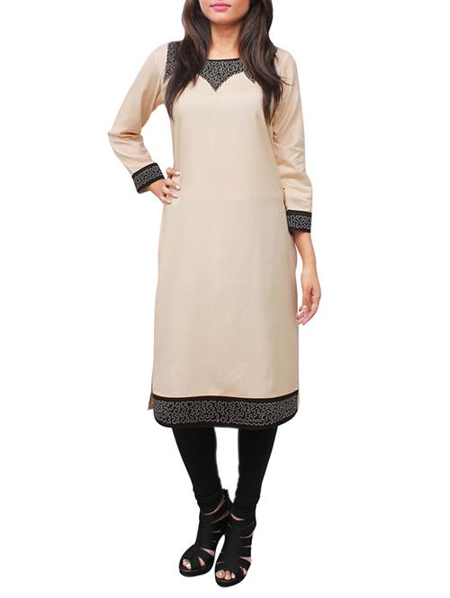 beige and black plain rayon straight kurta - 11916013 - Standard Image - 1