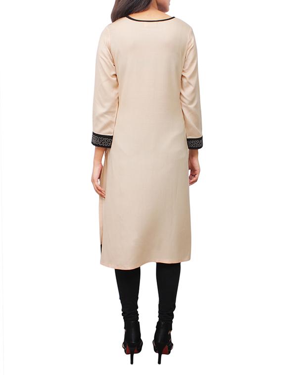 beige and black plain rayon straight kurta - 11916013 - Zoom Image - 3