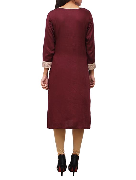 wine plain rayon straight kurta - 11916027 - Zoom Image - 3