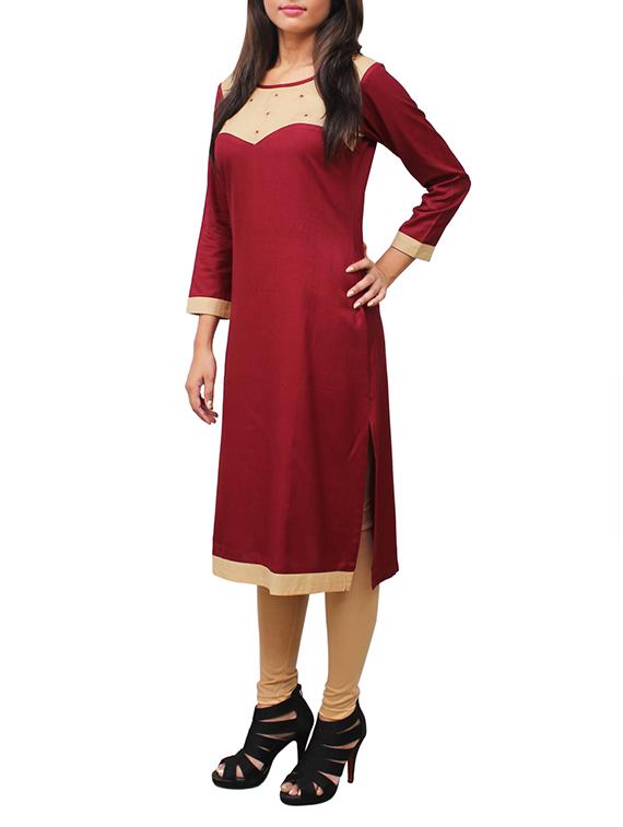 maroon viscose straight kurta - 11916032 - Zoom Image - 2