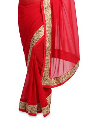 red faux georgette saree with embroidered border - 1192799 - Standard Image - 2