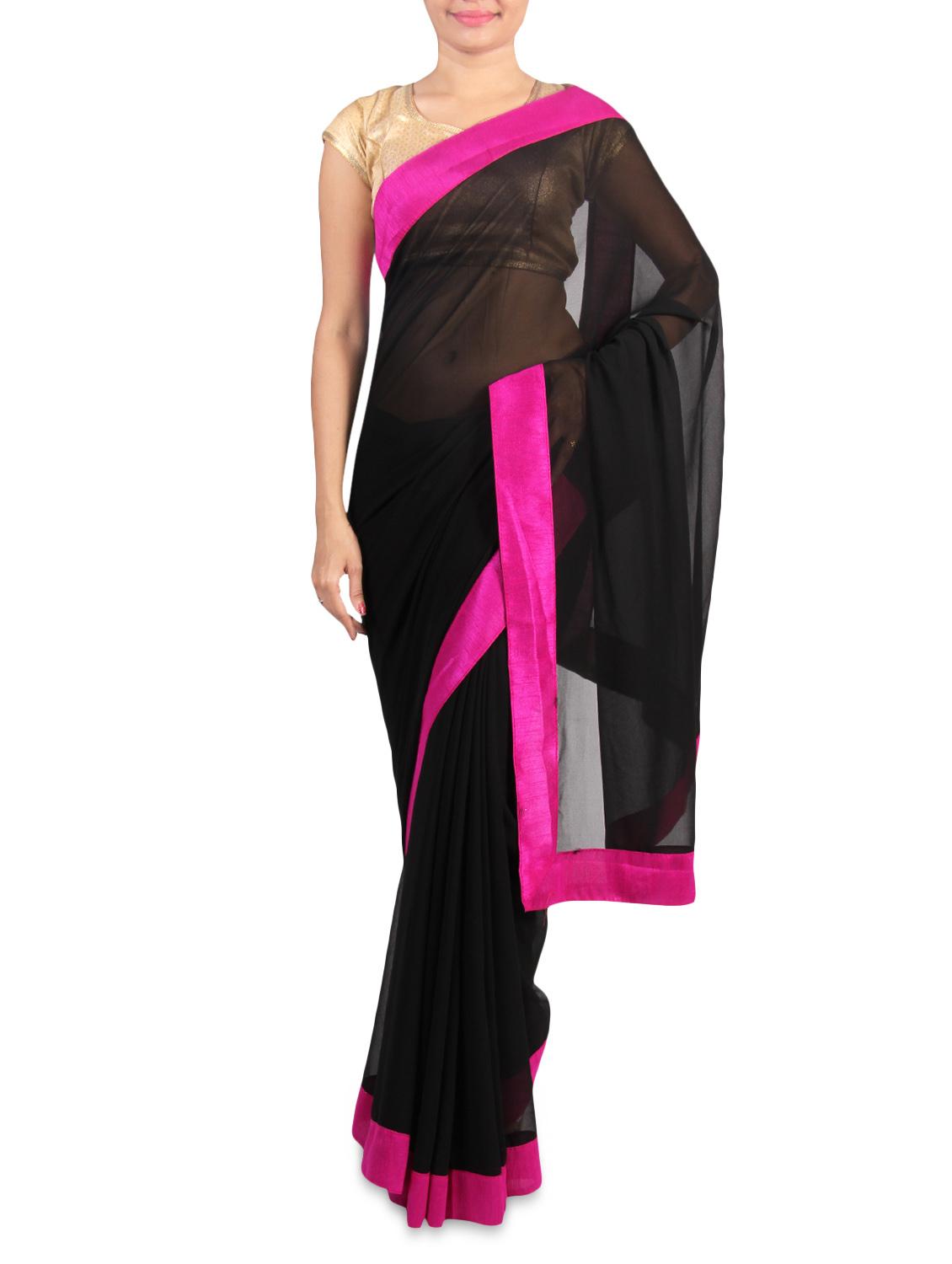 Black faux georgette saree with pink border - 1192802 - Zoom Image - 1