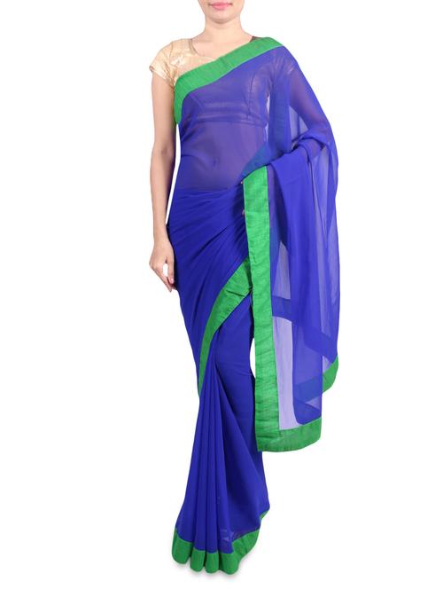 Blue faux georgette saree with green border - 1192807 - Standard Image - 1