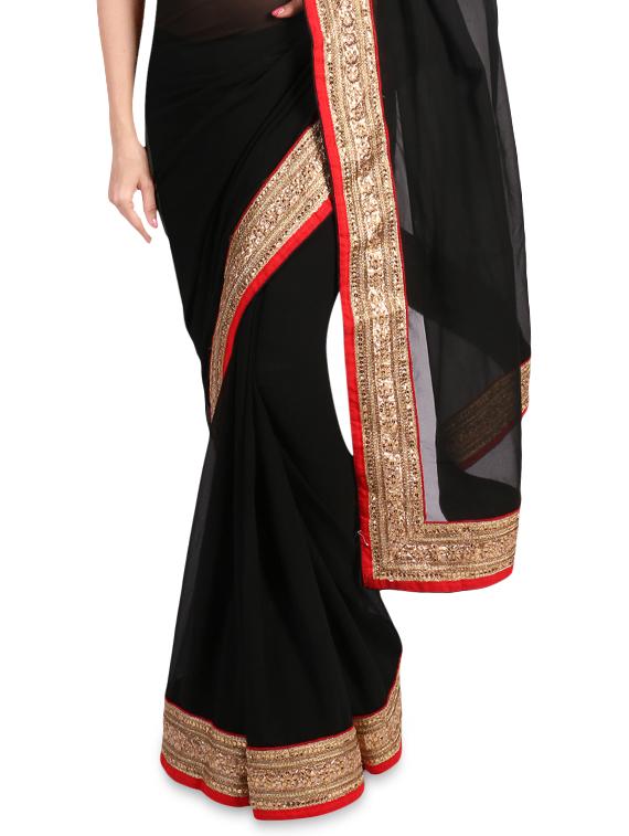 black faux georgette saree with gold border - 1192811 - Zoom Image - 2