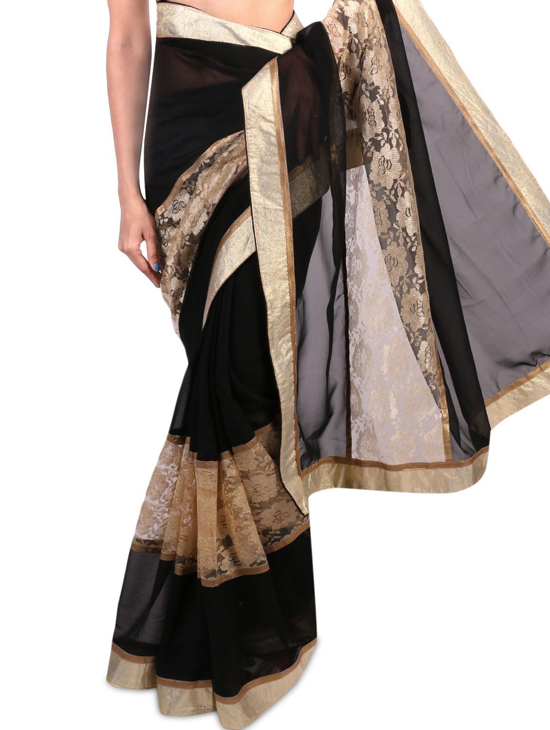 black faux georgette saree with gold border - 1192835 - Zoom Image - 2