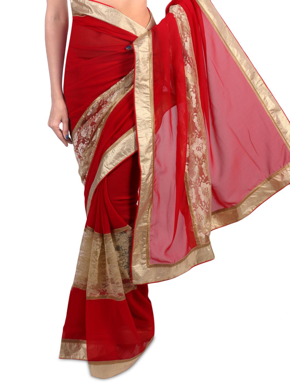 red faux georgette saree with gold border - 1192837 - Zoom Image - 2