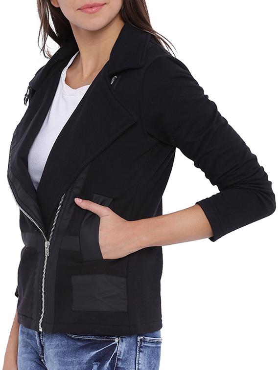 solid black cotton side zipper jacket - 11943901 - Zoom Image - 2