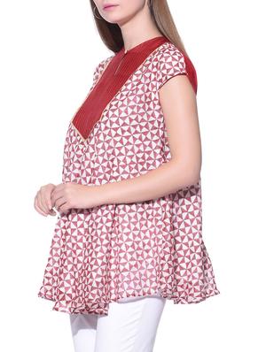 red and white chanderi silk printed top - 12080976 - Standard Image - 2