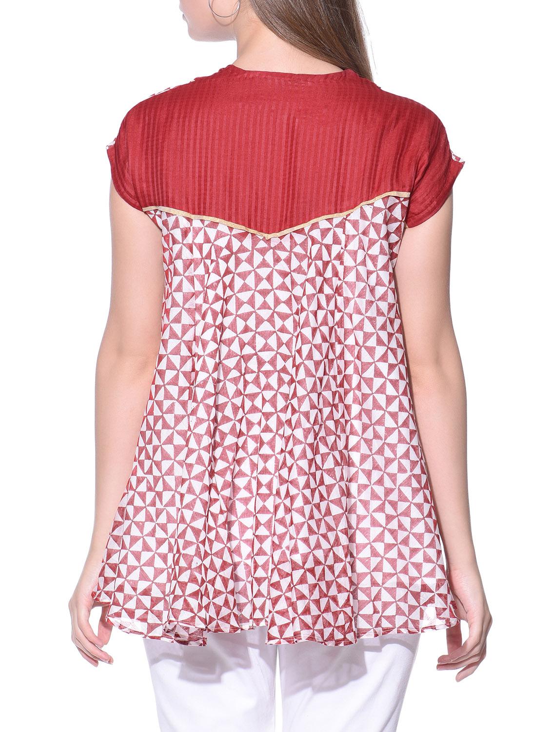 red and white chanderi silk printed top - 12080976 - Zoom Image - 3