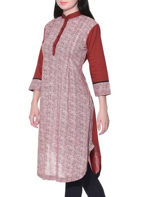 maroon cotton straight kurta - 12080985 - Standard Image - 2