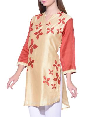 beige applique chanderi silk tunic - 12081001 - Standard Image - 2