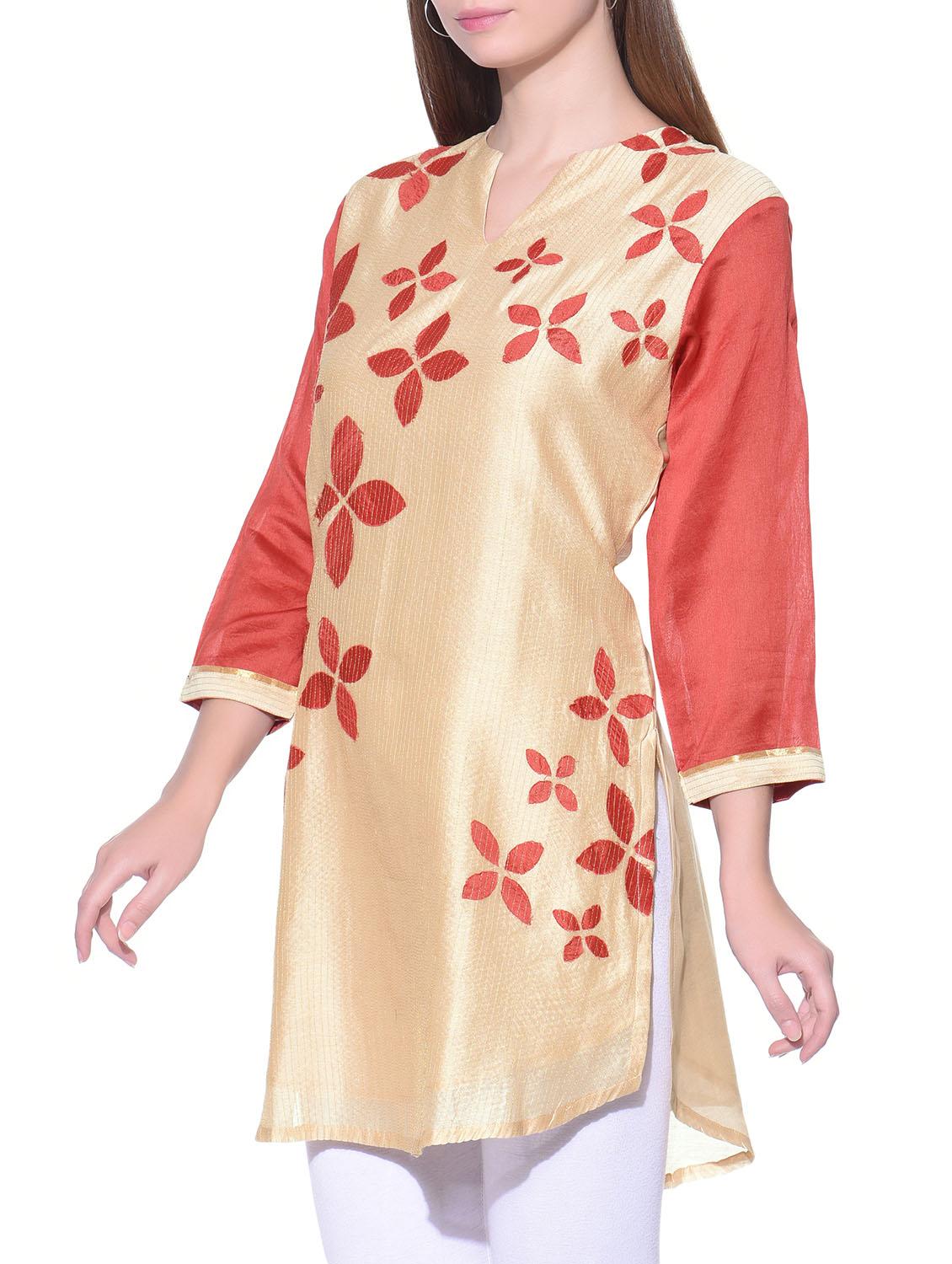 beige applique chanderi silk tunic - 12081001 - Zoom Image - 2