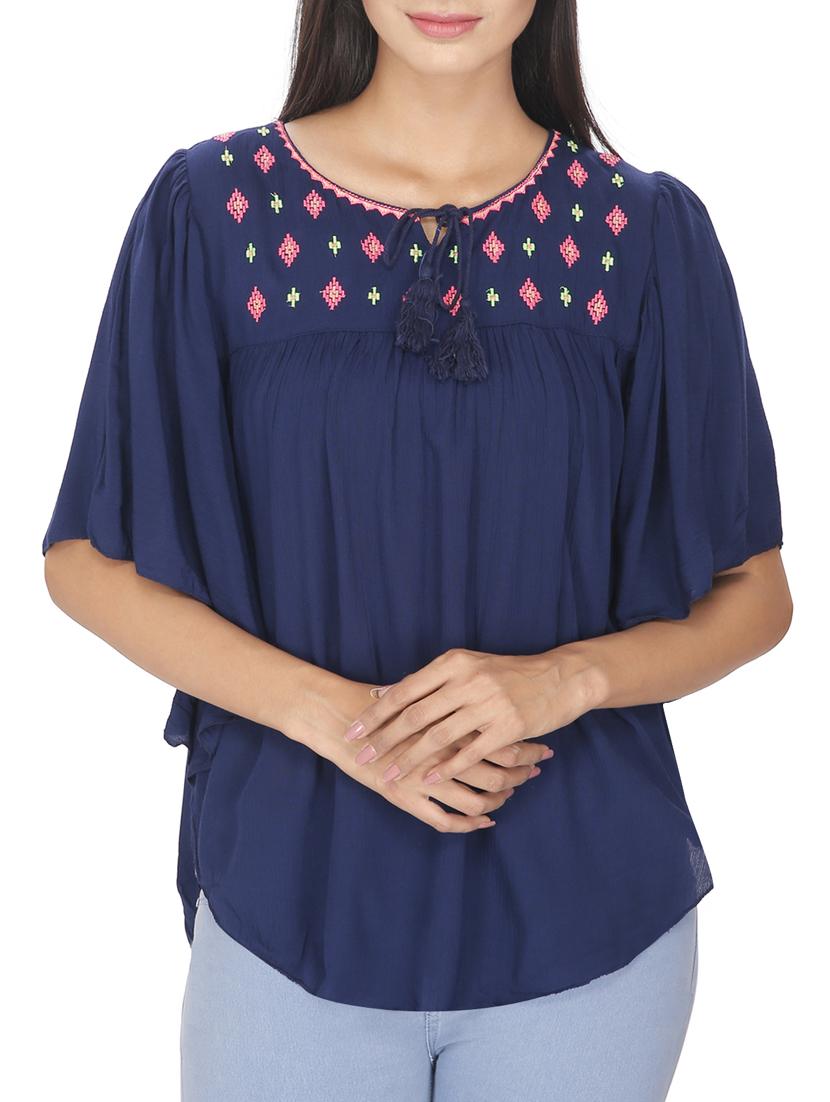 Navy Blue Embroidered Cotton Top - 12082046 - Zoom Image - 1