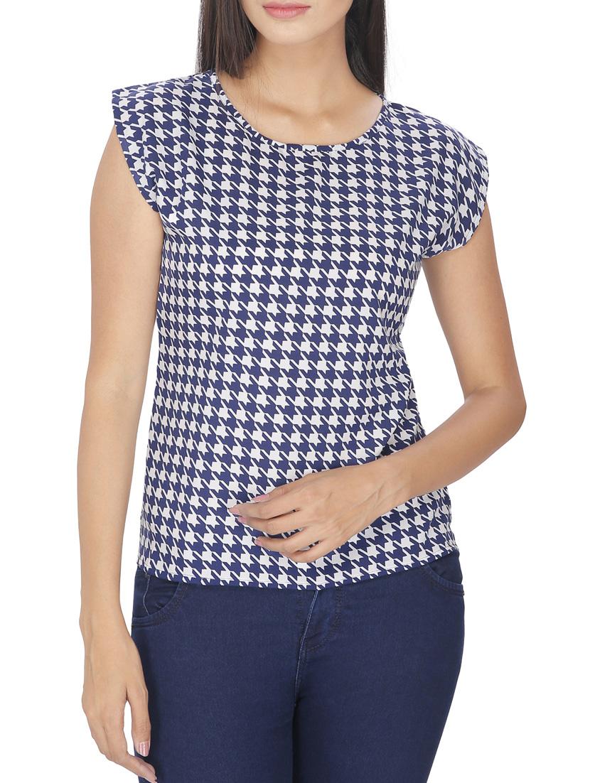 blue and white houndstooth printed polycrepe top - 12082049 - Zoom Image - 1