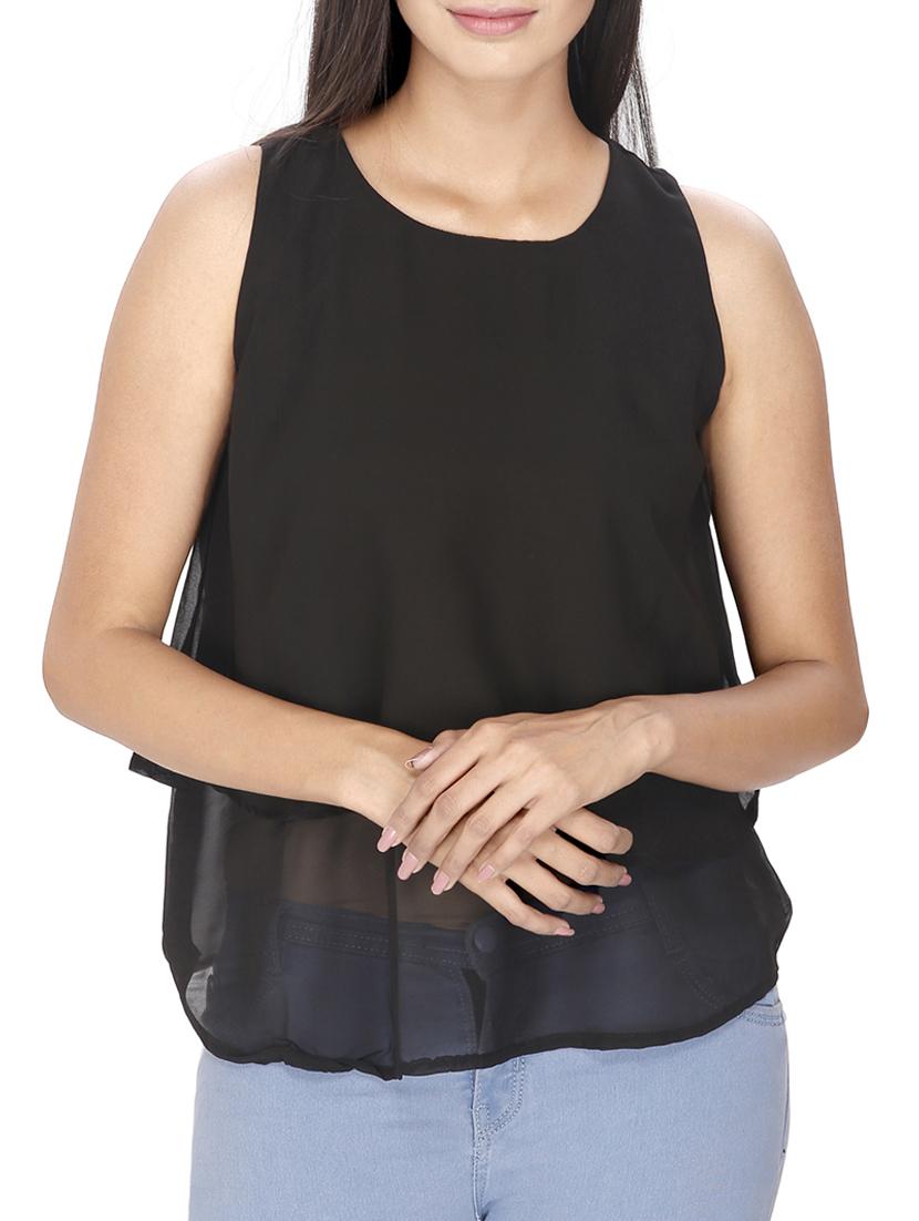 solid black poly georgette top - 12082055 - Zoom Image - 1