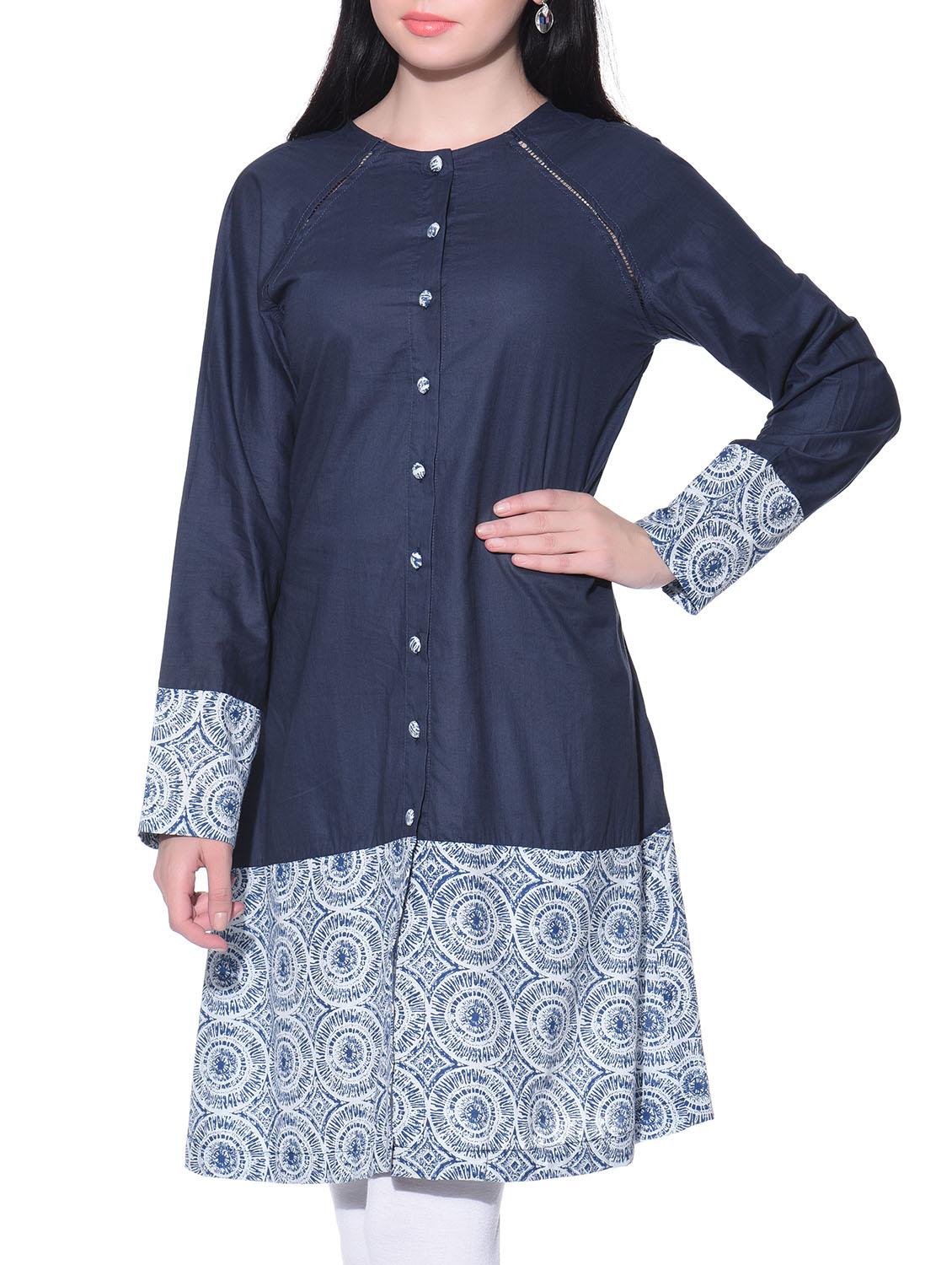 navy blue cotton a-line kurta - 12082365 - Zoom Image - 2