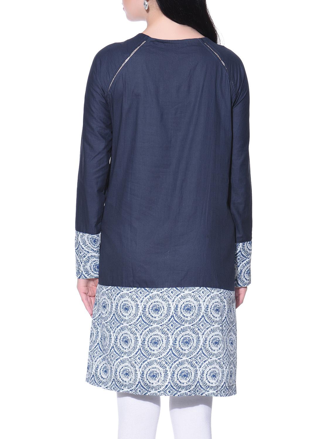 navy blue cotton a-line kurta - 12082365 - Zoom Image - 3