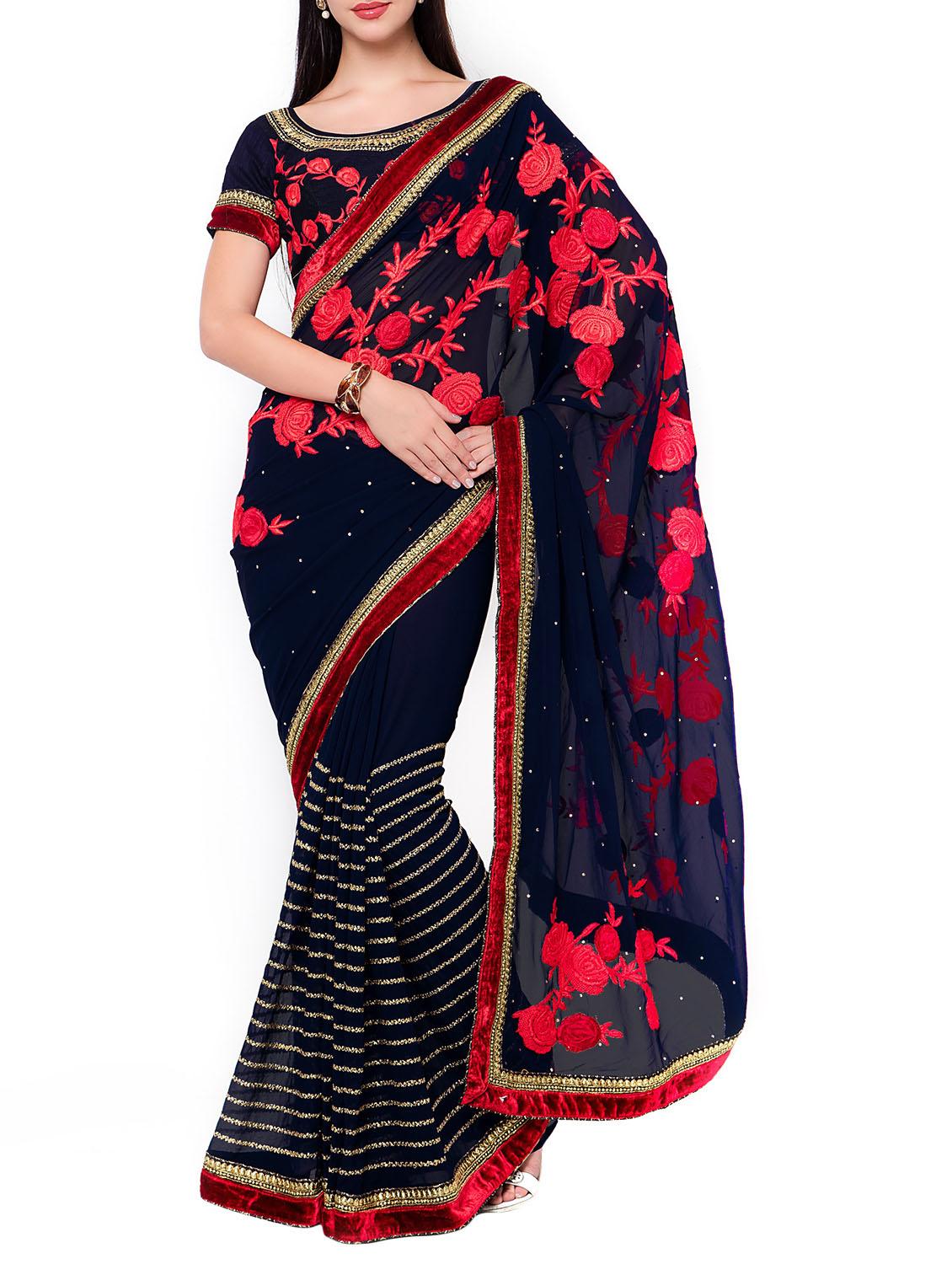 blue embroidered saree with blouse - 12082635 - Zoom Image - 1
