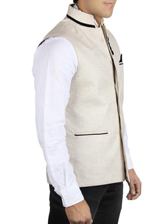 beige cotton nehru jacket - 12086094 - Zoom Image - 2