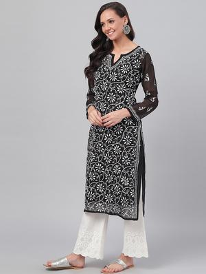ada hand embroidered black faux georgette straight kurta with slip - 12086636 - Standard Image - 2
