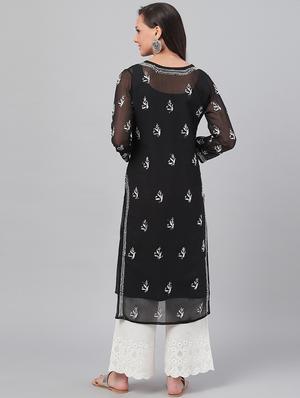 ada hand embroidered black faux georgette straight kurta with slip - 12086636 - Standard Image - 3