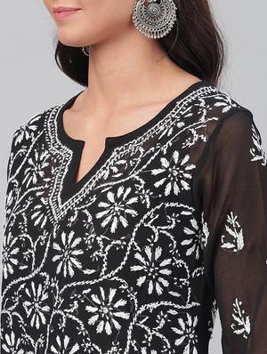 ada hand embroidered black faux georgette straight kurta with slip - 12086636 - Standard Image - 4