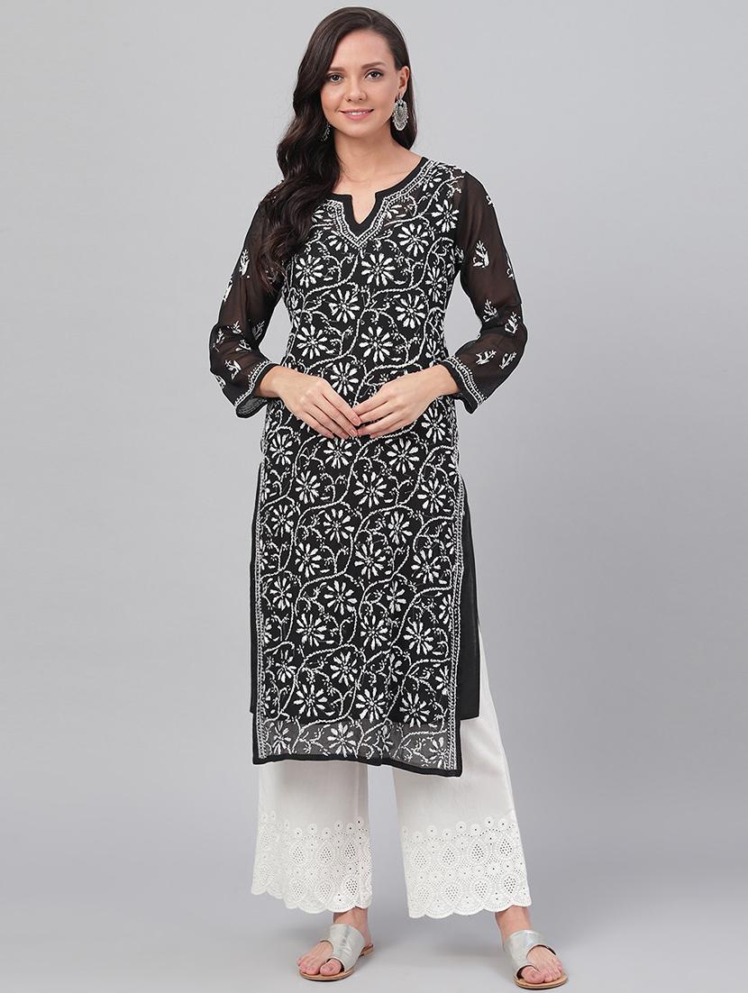 ada hand embroidered black faux georgette straight kurta with slip - 12086636 - Zoom Image - 1