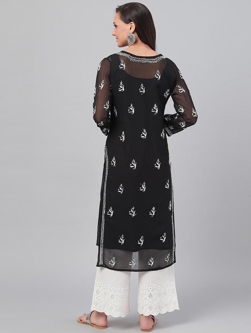 ada hand embroidered black faux georgette straight kurta with slip - 12086636 - Zoom Image - 3