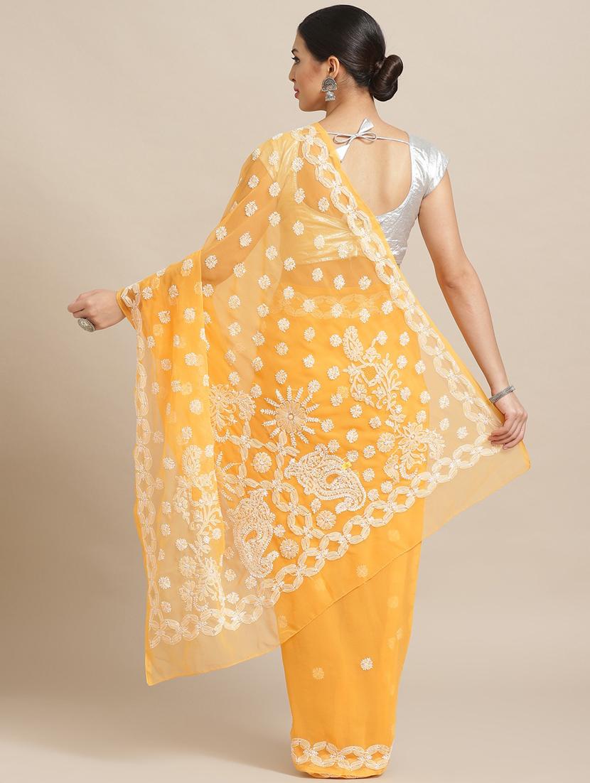yellow faux georgette chikankari saree with blouse - 12089430 - Zoom Image - 2