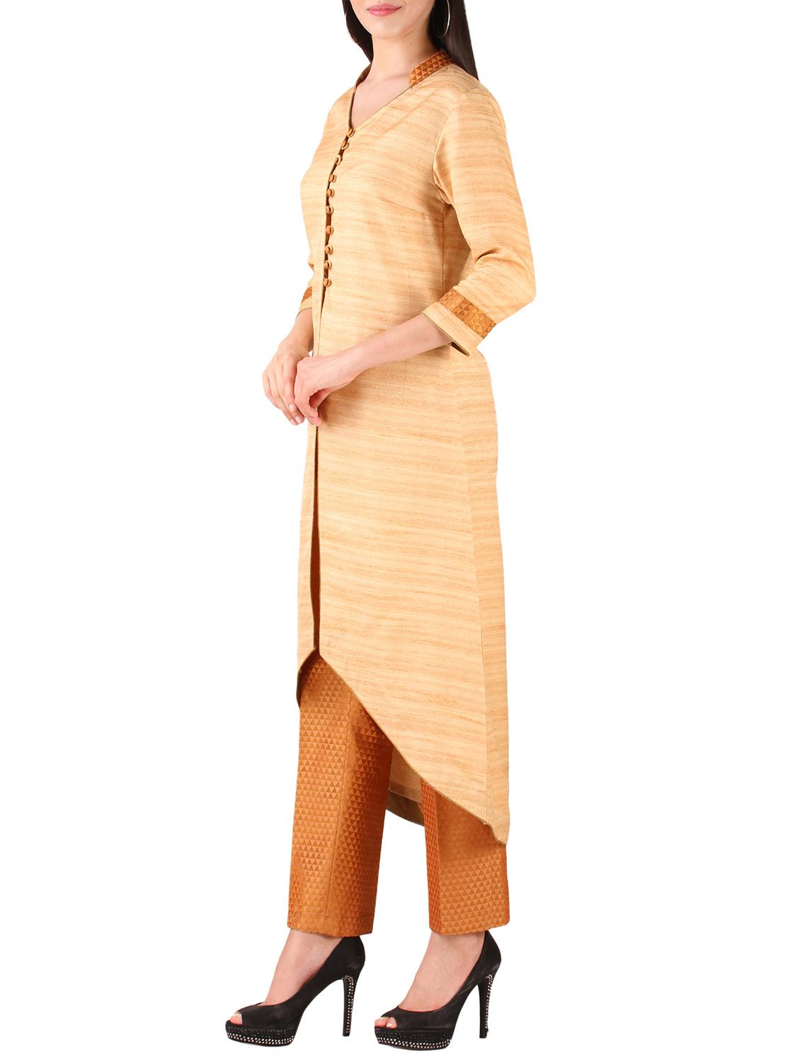 beige dupion high-low kurta - 12099809 - Zoom Image - 2