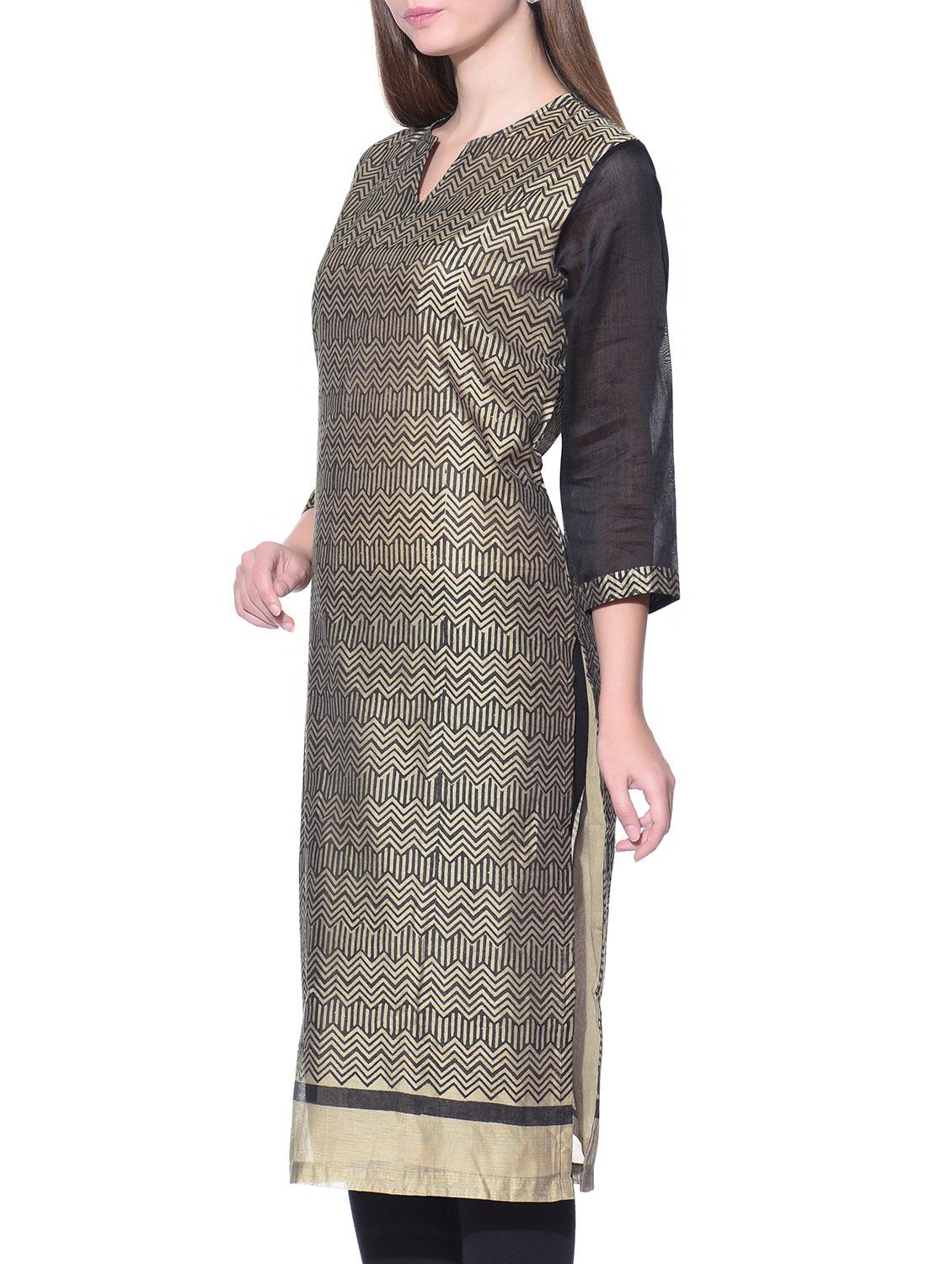 beige chanderi straight kurta - 12100537 - Zoom Image - 2