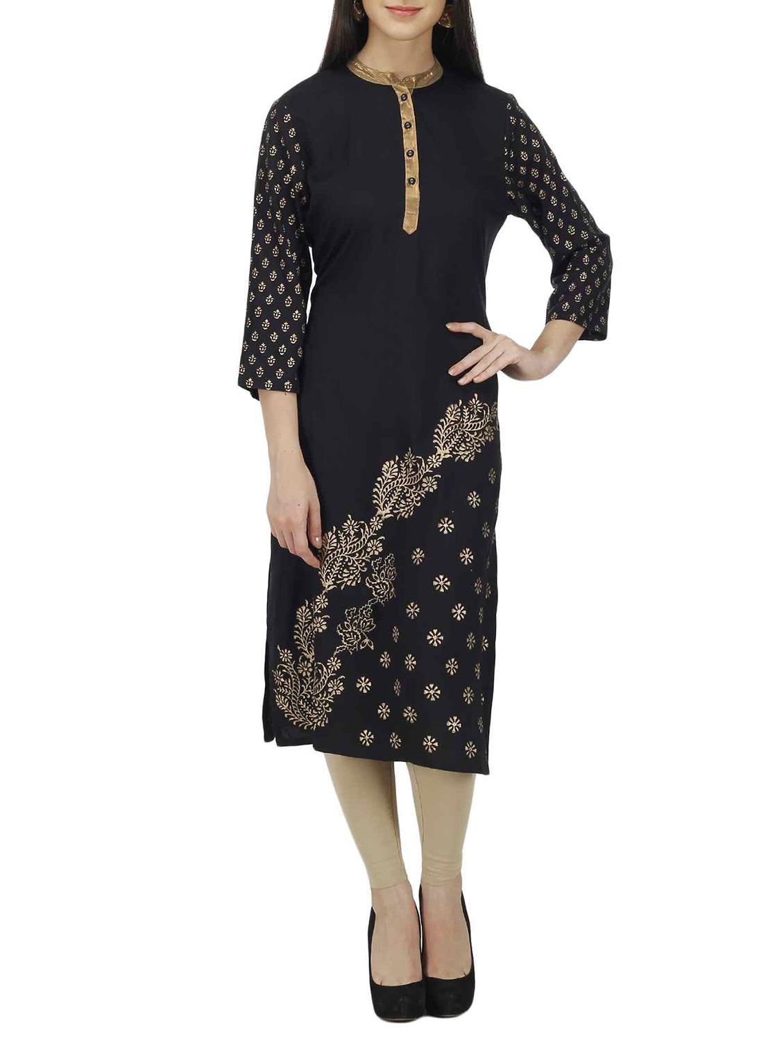 black cotton straight kurta - 12108460 - Zoom Image - 1