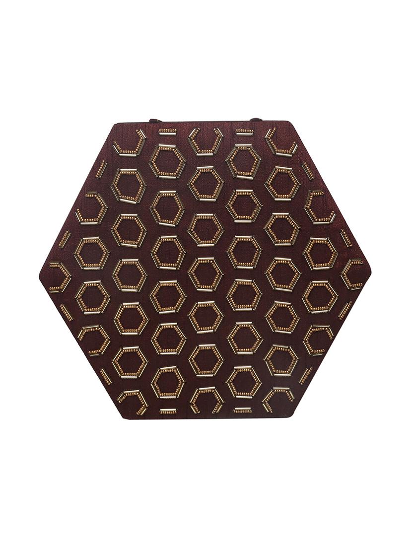 brown beads embellished hexagonal box clutch