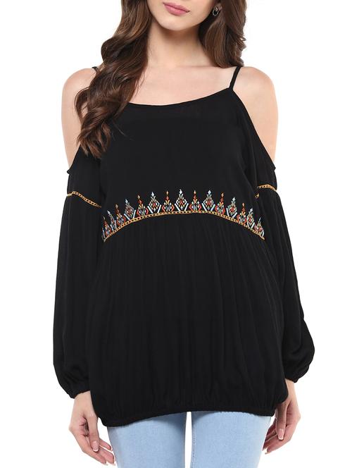 black embroidered rayon regular top - 12124172 - Standard Image - 1