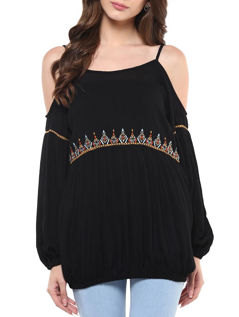 black embroidered rayon regular top - 12124172 - Zoom Image - 1