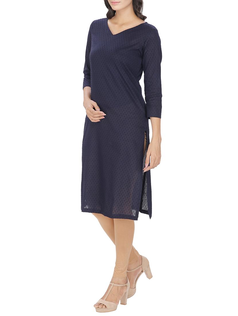 blue cotton solid kurta - 12127095 - Zoom Image - 2