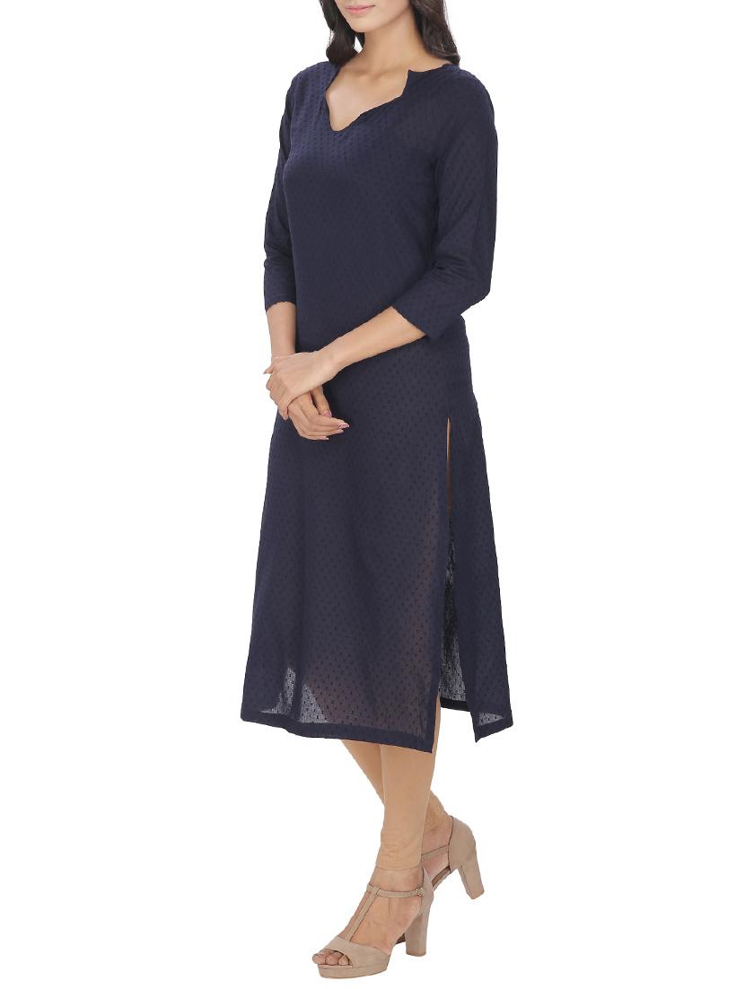blue cotton solid straight kurta - 12127097 - Zoom Image - 2
