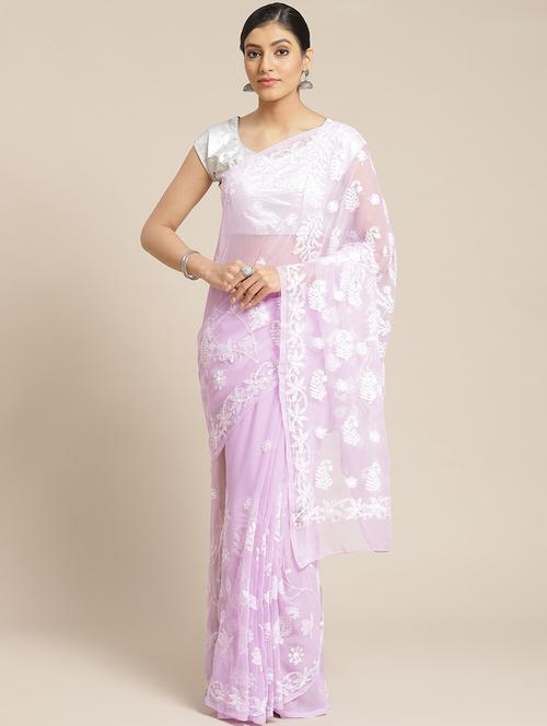 purple faux georgette chikankari saree with blouse - 12128314 - Standard Image - 1