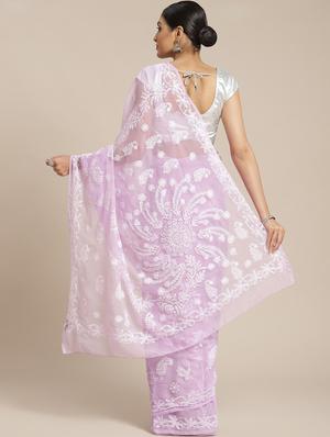 purple faux georgette chikankari saree with blouse - 12128314 - Standard Image - 2