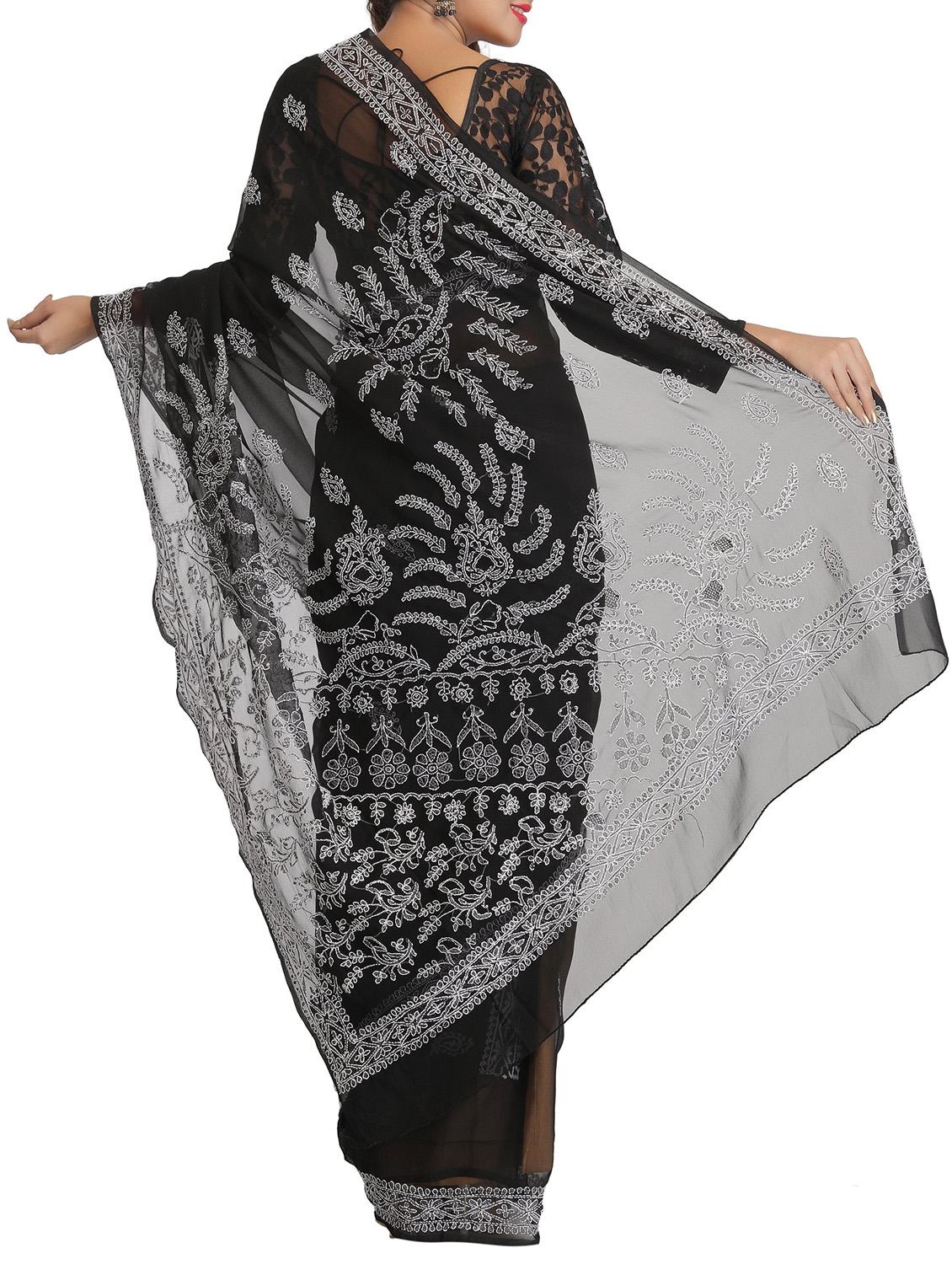 black georgette chikankari saree with blouse - 12128338 - Zoom Image - 2