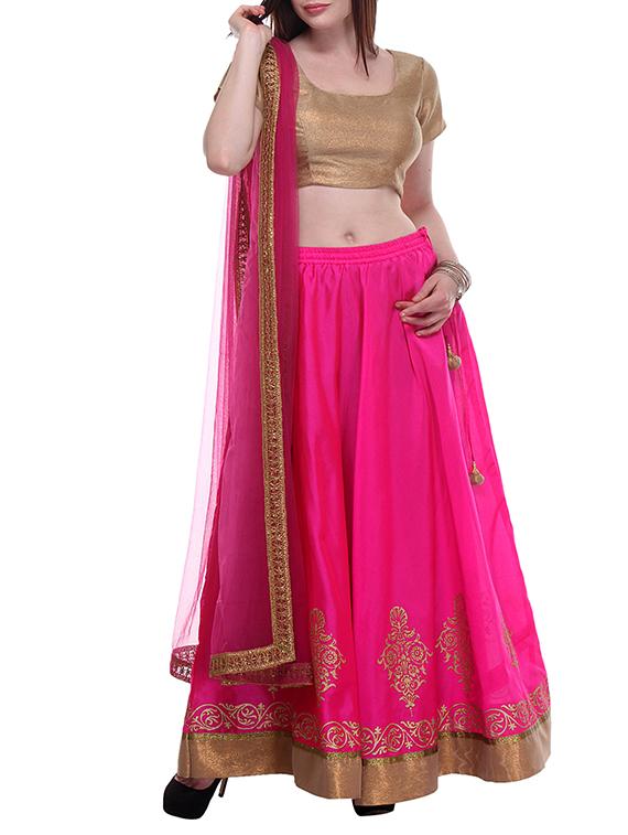 pink hand block printed unstitched lehenga