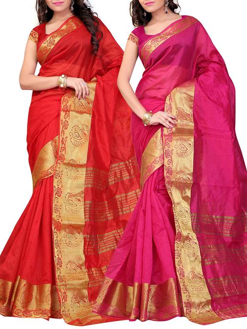 Multicolored Silk Handloom Saree(Set of 2) - 12146935 - Very Small Image - 1