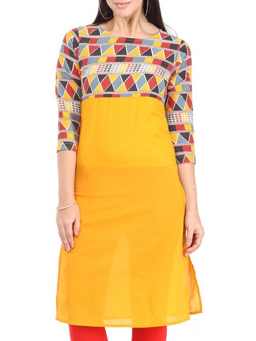yellow cotton straight kurta - 12149699 - Standard Image - 1