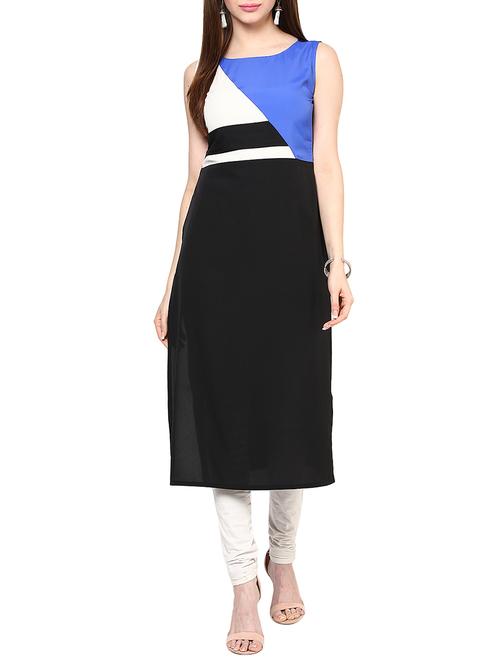 black crepe colour block straight kurta - 12150600 - Standard Image - 1