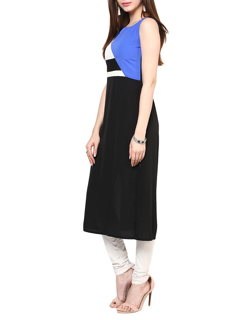 black crepe colour block straight kurta - 12150600 - Zoom Image - 2